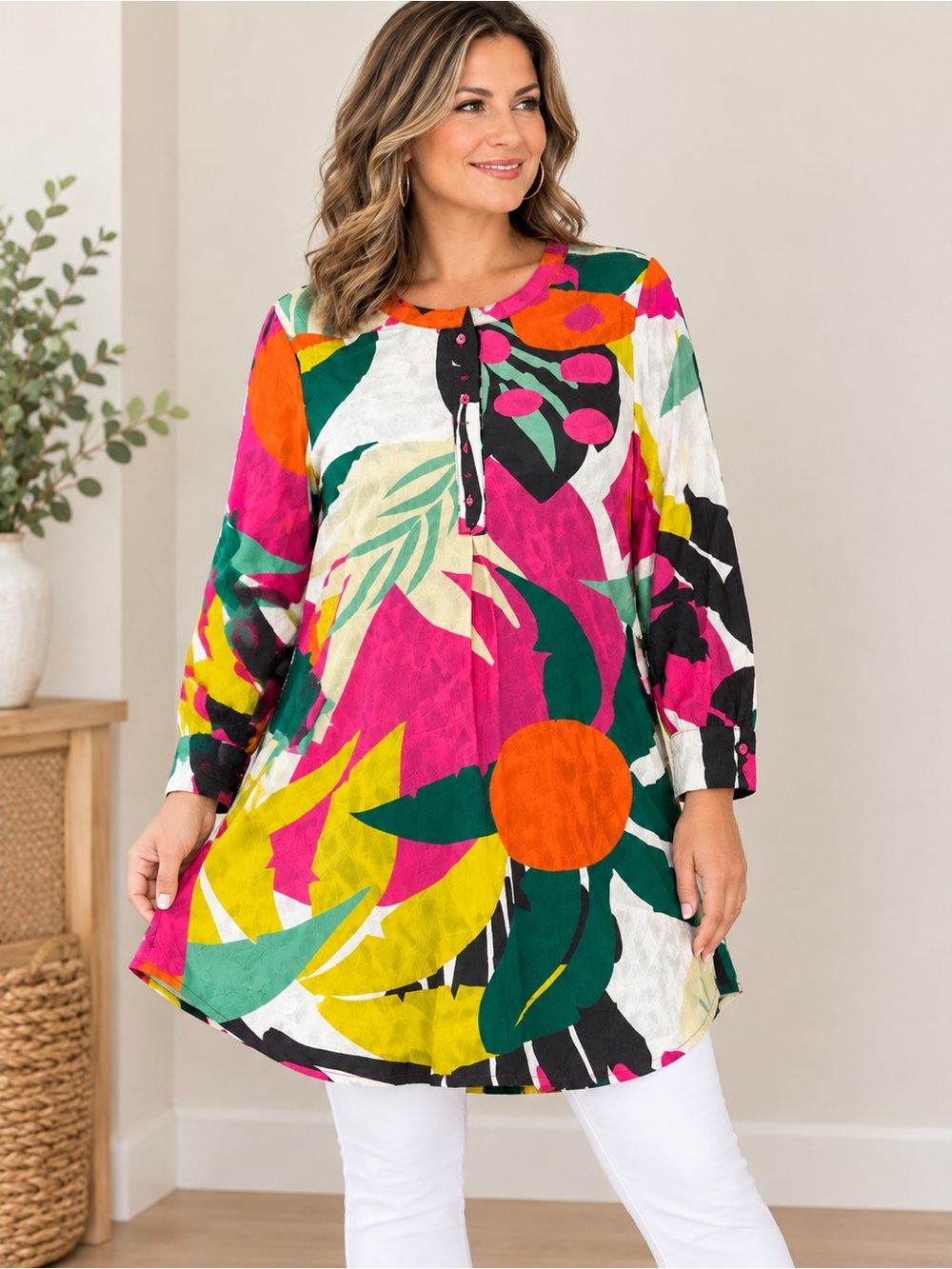 Vibrant Multi-Color Floral Print Tunic Top - Women